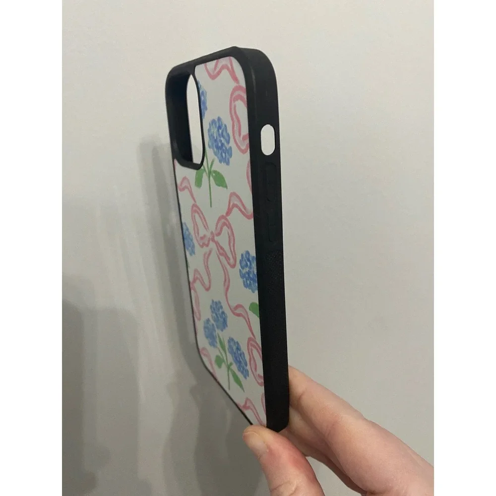 iPhone 12 12 Pro Case Blue Hydrangea Pink Bow Floral Watercolor Black Bumper